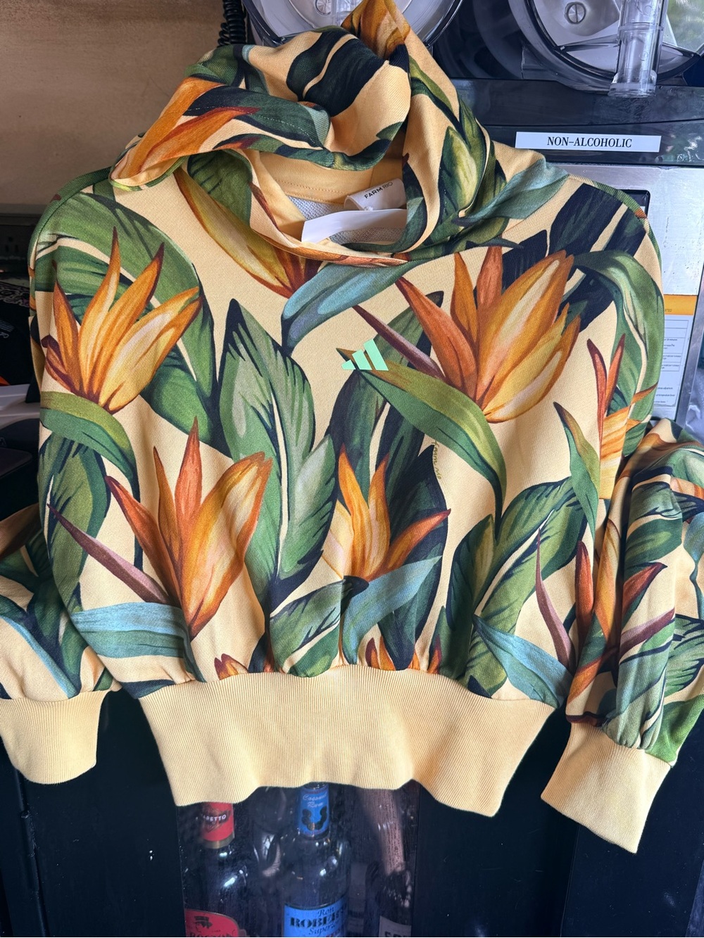 adidas Yellow Floral Cropped Hoodie with Green Leaf Print